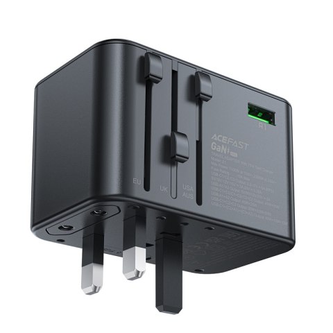 Uniwersalna ładowarka podróżna GaN 2x USB-A 3x USB-C wtyczki UK EU USA AUS czarna Uniwersalna ładowarka podróżna GaN 2x USB-A 3x USB-C wtyczki UK EU USA AUS czarna