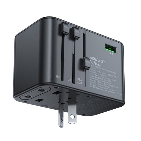 Uniwersalna ładowarka podróżna GaN 2x USB-A 3x USB-C wtyczki UK EU USA AUS czarna Uniwersalna ładowarka podróżna GaN 2x USB-A 3x USB-C wtyczki UK EU USA AUS czarna