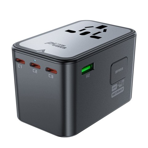 Uniwersalna ładowarka podróżna GaN 2x USB-A 3x USB-C wtyczki UK EU USA AUS czarna Uniwersalna ładowarka podróżna GaN 2x USB-A 3x USB-C wtyczki UK EU USA AUS czarna