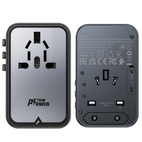 Uniwersalna ładowarka podróżna GaN 2x USB-A 3x USB-C wtyczki UK EU USA AUS czarna Uniwersalna ładowarka podróżna GaN 2x USB-A 3x USB-C wtyczki UK EU USA AUS czarna
