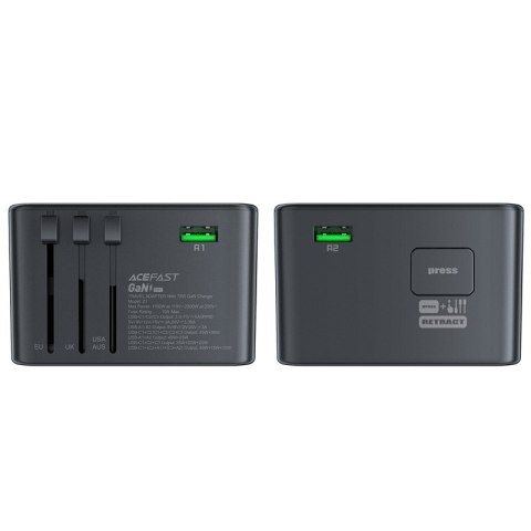 Uniwersalna ładowarka podróżna GaN 2x USB-A 3x USB-C wtyczki UK EU USA AUS czarna Uniwersalna ładowarka podróżna GaN 2x USB-A 3x USB-C wtyczki UK EU USA AUS czarna