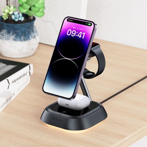3w1 Stacja ładująca indukcyjna E16 15W do telefonu słuchawek zegarka - czarna 3w1 Stacja ładująca indukcyjna E16 15W do telefonu słuchawek zegarka - czarna