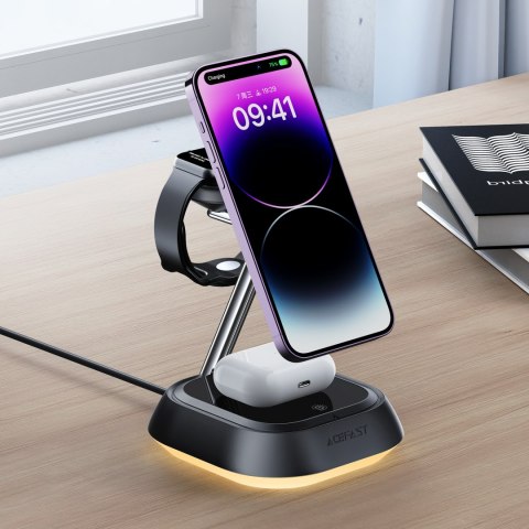3w1 Stacja ładująca indukcyjna E16 15W do telefonu słuchawek zegarka - czarna 3w1 Stacja ładująca indukcyjna E16 15W do telefonu słuchawek zegarka - czarna