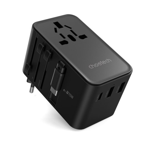 Adapter ładowarka podróżna 70W EU / US / AUS / UK z wbudowanym kablem USB-C - czarny Adapter ładowarka podróżna 70W EU / US / AUS / UK z wbudowanym kablem USB-C - czarny
