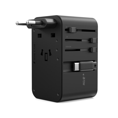 Adapter ładowarka podróżna 70W EU / US / AUS / UK z wbudowanym kablem USB-C - czarny Adapter ładowarka podróżna 70W EU / US / AUS / UK z wbudowanym kablem USB-C - czarny