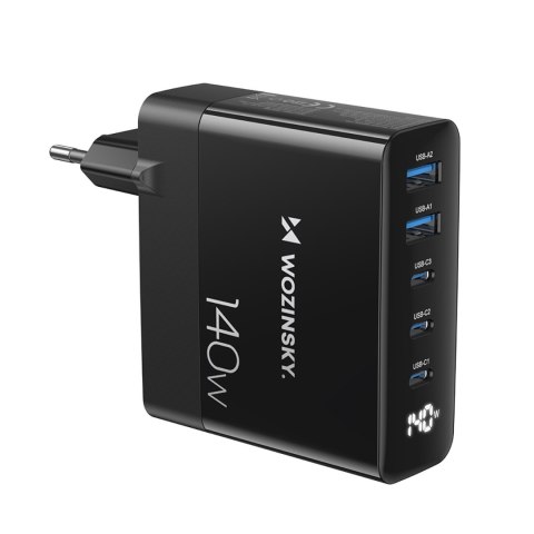 Ładowarka sieciowa 100-240V GaN 140W 3x USB-C / 2x USB-A czarna Ładowarka sieciowa 100-240V GaN 140W 3x USB-C / 2x USB-A czarna