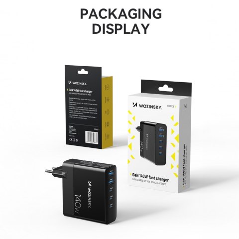 Ładowarka sieciowa 100-240V GaN 140W 3x USB-C / 2x USB-A czarna Ładowarka sieciowa 100-240V GaN 140W 3x USB-C / 2x USB-A czarna