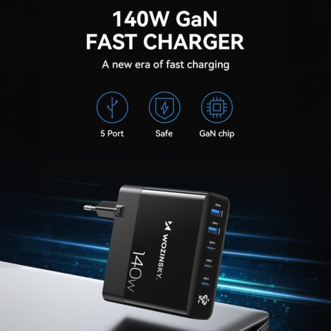 Ładowarka sieciowa 100-240V GaN 140W 3x USB-C / 2x USB-A czarna Ładowarka sieciowa 100-240V GaN 140W 3x USB-C / 2x USB-A czarna