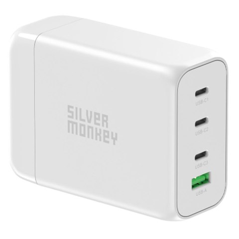 Ładowarka sieciowa GaN 130W z kablem zasilającym 3xUSB-C PD USB-A QC 3.0 biała Ładowarka sieciowa GaN 130W z kablem zasilającym 3xUSB-C PD USB-A QC 3.0 biała