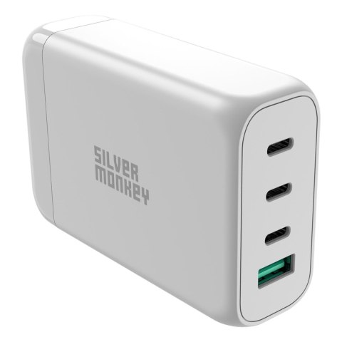 Ładowarka sieciowa GaN 130W z kablem zasilającym 3xUSB-C PD USB-A QC 3.0 biała Ładowarka sieciowa GaN 130W z kablem zasilającym 3xUSB-C PD USB-A QC 3.0 biała
