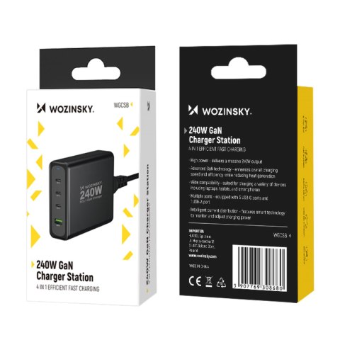 Ładowarka sieciowa GaN 240W USB-A 3x USB-C czarna Ładowarka sieciowa GaN 240W USB-A 3x USB-C czarna