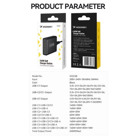 Ładowarka sieciowa GaN 240W USB-A 3x USB-C czarna Ładowarka sieciowa GaN 240W USB-A 3x USB-C czarna