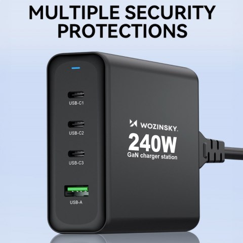 Ładowarka sieciowa GaN 240W USB-A 3x USB-C czarna Ładowarka sieciowa GaN 240W USB-A 3x USB-C czarna