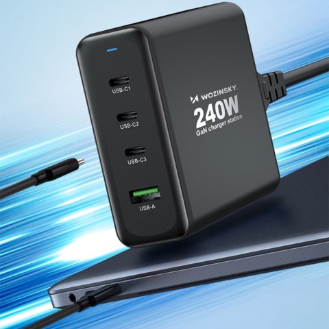 Ładowarka sieciowa GaN 240W USB-A 3x USB-C czarna Ładowarka sieciowa GaN 240W USB-A 3x USB-C czarna