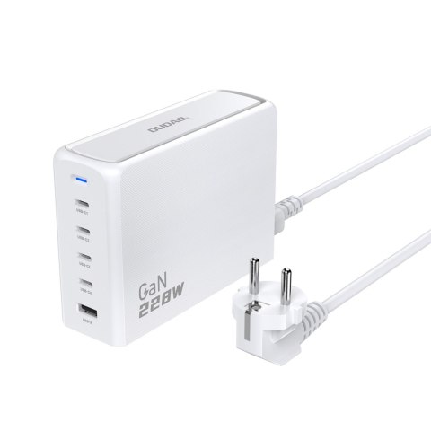 Ładowarka sieciowa stacja ładowania GaN 1x USB-A 4x USB-C PD 228W z kablem 1.5m biała Ładowarka sieciowa stacja ładowania GaN 1x USB-A 4x USB-C PD 228W z kablem 1.5m biała