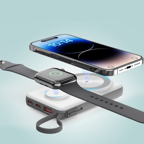 Power bank 10000mAh LED USB-C USB-A Lightning MagSafe Apple Watch - biały Power bank 10000mAh LED USB-C USB-A Lightning MagSafe Apple Watch - biały
