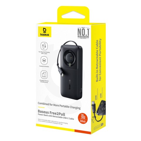 Powerbank 10000mAh 30W z portem USB-C i rozwijanym kablem USB-C Free2Pull - czarny Powerbank 10000mAh 30W z portem USB-C i rozwijanym kablem USB-C Free2Pull - czarny