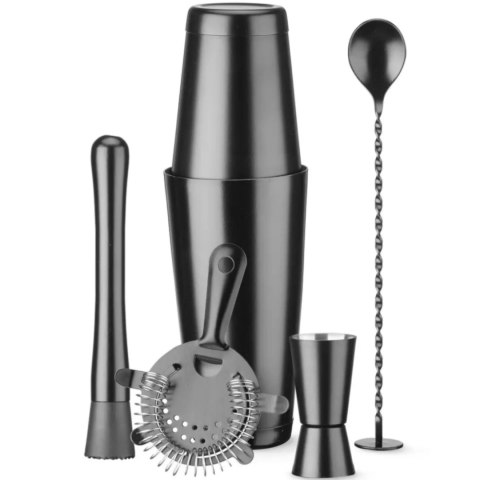 Zestaw barmański w tubie shaker jigger sitko muddler łyżka - czarny Zestaw barmański w tubie shaker jigger sitko muddler łyżka - czarny