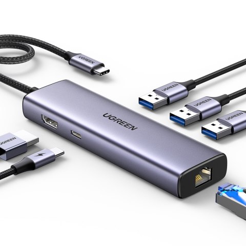 6w1 HUB adapter USB-C - 3x USB-A 3.0 / HDMI / RJ45 / USB-C PD - szary 6w1 HUB adapter USB-C - 3x USB-A 3.0 / HDMI / RJ45 / USB-C PD - szary