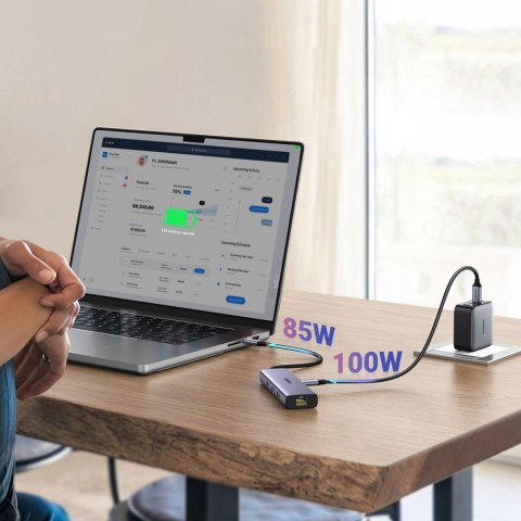 6w1 HUB adapter USB-C - 3x USB-A 3.0 / HDMI / RJ45 / USB-C PD - szary 6w1 HUB adapter USB-C - 3x USB-A 3.0 / HDMI / RJ45 / USB-C PD - szary