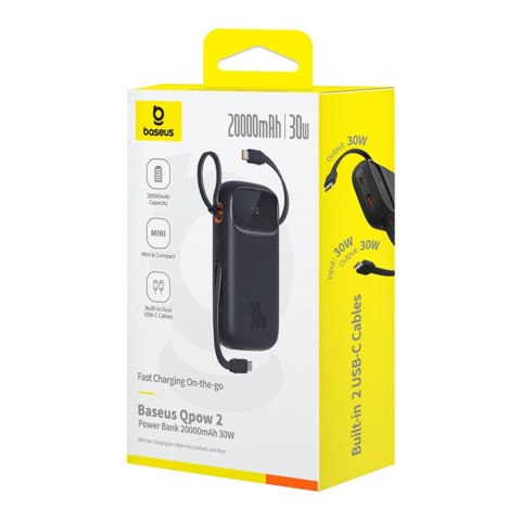 Powerbank QPow 2 20000mAh 30W z 2 wbudowanymi kablami USB-C - czarny Powerbank QPow 2 20000mAh 30W z 2 wbudowanymi kablami USB-C - czarny