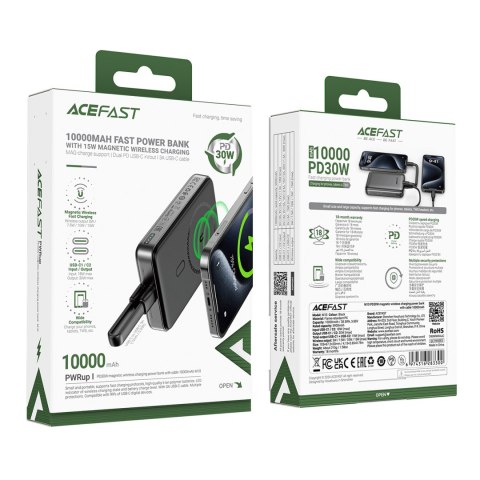 Powerbank magnetyczny 10000mAh indukcyjny 2x USB-C PD 30W + kabel USB-C - czarny Powerbank magnetyczny 10000mAh indukcyjny 2x USB-C PD 30W + kabel USB-C - czarny
