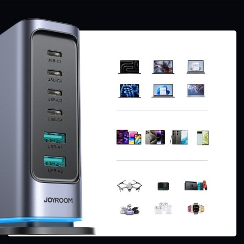 Stacja ładowania ładowarka wieloportowa GaN 65W EU 4x USB-C i 2x USB-A - ciemnoszara Stacja ładowania ładowarka wieloportowa GaN 65W EU 4x USB-C i 2x USB-A - ciemnoszara