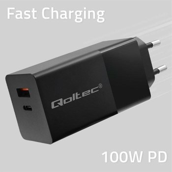 QOLTEC ŁADOWARKA GAN POWER PRO | 1XUSB-C | 1XUSB | 100W | 5-20V | 1.5-5A | PD | CZARNA QOLTEC ŁADOWARKA GAN POWER PRO | 1XUSB-C | 1XUSB | 100W | 5-20V | 1.5-5A | PD | CZARNA
