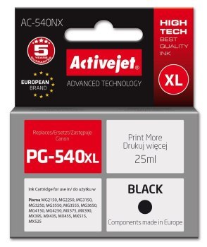 Activejet AC-540NX Tusz (zamiennik Canon PG-540XL; Supreme; 25 ml; czarny) Activejet AC-540NX Tusz (zamiennik Canon PG-540XL; Supreme; 25 ml; czarny)