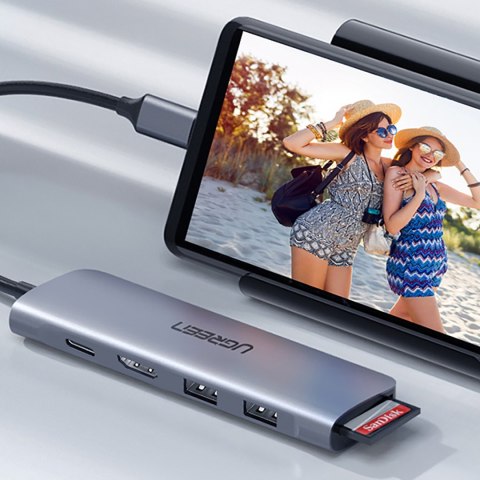 6w1 HUB adapter USB-C - HDMI USB-A USB-C PD czytnik SD TF - szary 6w1 HUB adapter USB-C - HDMI USB-A USB-C PD czytnik SD TF - szary