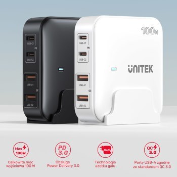 Unitek Ładowarka biurkowa GaN 100W 2xUSB-A 2xUSB-C Unitek Ładowarka biurkowa GaN 100W 2xUSB-A 2xUSB-C