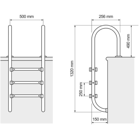 Drabinka do basenu ze stali nierdzewnej 3 stopnie 1320 mm Drabinka do basenu ze stali nierdzewnej 3 stopnie 1320 mm
