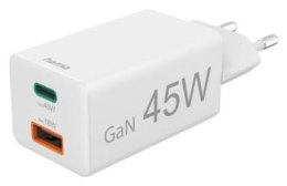 Hama mini GaN 45W PD/QC 1x USB-C, 1x USB-A biała