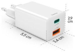 Hama mini GaN 45W PD/QC 1x USB-C, 1x USB-A biała