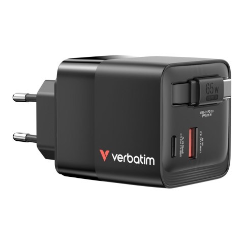 Ładowarka ścienna Verbatim GaN 65W 1xUSB-C PD 3.0 1xUSB-A QC 3.0 z kablem USB-C PD 65W Ładowarka ścienna Verbatim GaN 65W 1xUSB-C PD 3.0 1xUSB-A QC 3.0 z kablem USB-C PD 65W