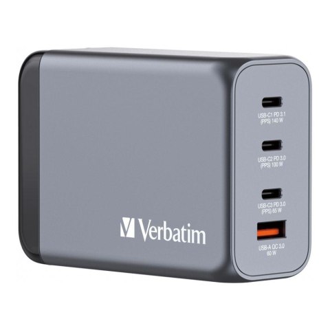 Ładowarka sieciowa Verbatim GaN GNC-240 3xUSB-C PD (140W+100W+65W) 1xUSB-A QC 3.0 Ładowarka sieciowa Verbatim GaN GNC-240 3xUSB-C PD (140W+100W+65W) 1xUSB-A QC 3.0