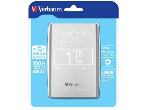 Dysk zewnętrzny Verbatim 1TB Store 'n' Go 2.5" srebrny USB 3.0 Dysk zewnętrzny Verbatim 1TB Store 'n' Go 2.5" srebrny USB 3.0