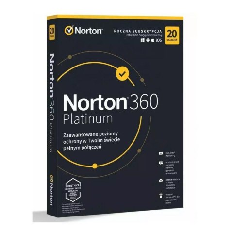 Oprogramowanie NORTON 360 PLATINUM 100GB PL 1 użytkownik 20 urządzeń Oprogramowanie NORTON 360 PLATINUM 100GB PL 1 użytkownik 20 urządzeń