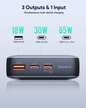 Aukey Powebank 20 000 mAh, 2x USB-C PD 65W, USB-A 18W, szary Aukey Powebank 20 000 mAh, 2x USB-C PD 65W, USB-A 18W, szary