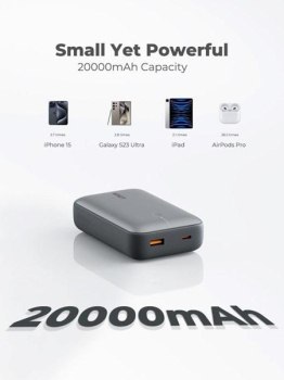 Aukey Powerbank 20 000 mAh, USB-C 22,5W, USB-A, mini, szary Aukey Powerbank 20 000 mAh, USB-C 22,5W, USB-A, mini, szary