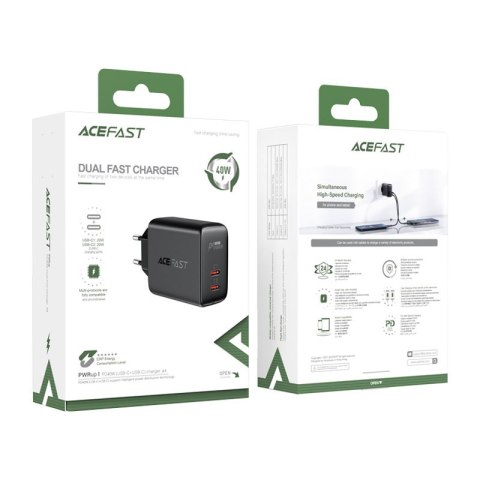 Ładowarka sieciowa 2x USB-C 40W PPS PD QC 3.0 AFC FCP czarny Ładowarka sieciowa 2x USB-C 40W PPS PD QC 3.0 AFC FCP czarny