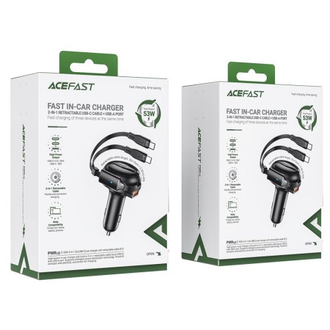 Ładowarka samochodowa B13 53W USB-A + 2 kable rozwijane USB-C - czarna Ładowarka samochodowa B13 53W USB-A + 2 kable rozwijane USB-C - czarna