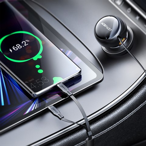 Ładowarka samochodowa B13 53W USB-A + 2 kable rozwijane USB-C - czarna Ładowarka samochodowa B13 53W USB-A + 2 kable rozwijane USB-C - czarna