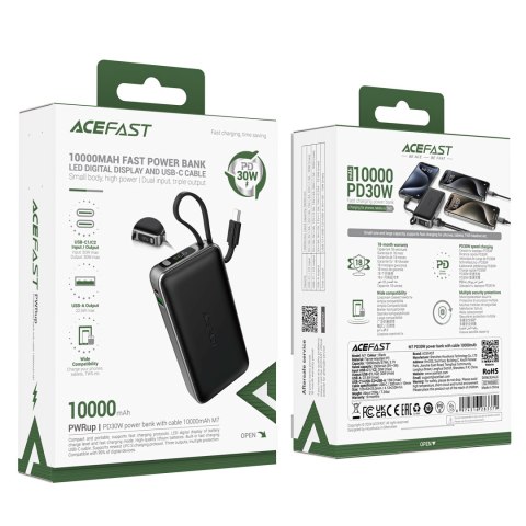 Powerbank 10000mAh PD30W z wbudowanym kablem USB-C - czarny Powerbank 10000mAh PD30W z wbudowanym kablem USB-C - czarny