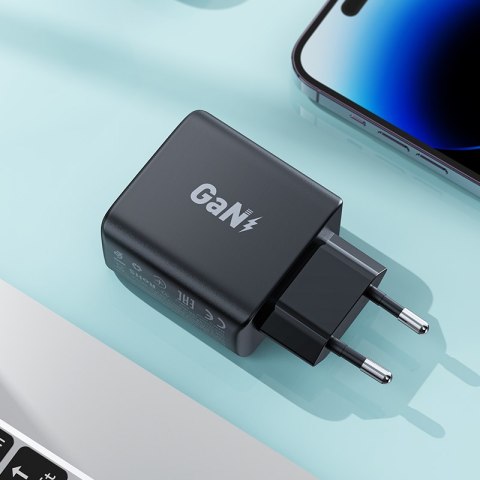 Szybka ładowarka sieciowa GaN 35W PD 2x USB-C czarna Szybka ładowarka sieciowa GaN 35W PD 2x USB-C czarna
