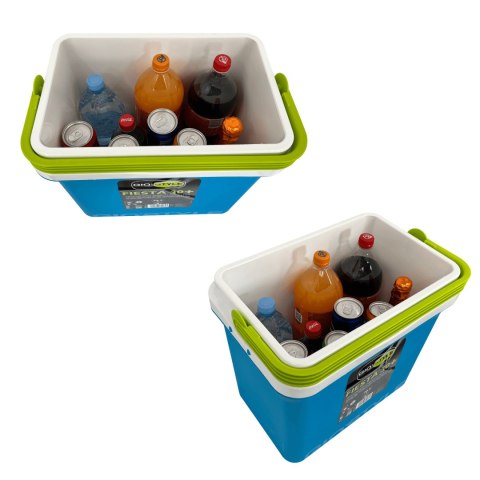 Lodówka turystyczna 29,5L KAMAI FIESTA na wkłady mrożące, błękitna z zieloną pokrywą i uchwytem Lodówka turystyczna 29,5L KAMAI FIESTA na wkłady mrożące, błękitna z zieloną pokrywą i uchwytem
