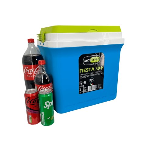 Lodówka turystyczna 29,5L KAMAI FIESTA na wkłady mrożące, błękitna z zieloną pokrywą i uchwytem Lodówka turystyczna 29,5L KAMAI FIESTA na wkłady mrożące, błękitna z zieloną pokrywą i uchwytem