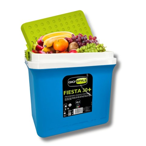Lodówka turystyczna 29,5L KAMAI FIESTA na wkłady mrożące, błękitna z zieloną pokrywą i uchwytem Lodówka turystyczna 29,5L KAMAI FIESTA na wkłady mrożące, błękitna z zieloną pokrywą i uchwytem