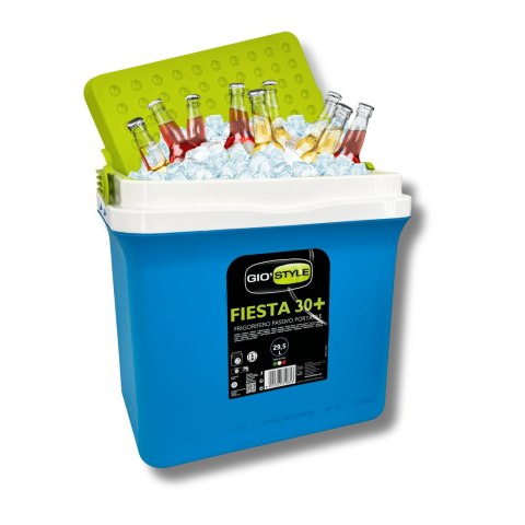 Lodówka turystyczna 29,5L KAMAI FIESTA na wkłady mrożące, błękitna z zieloną pokrywą i uchwytem Lodówka turystyczna 29,5L KAMAI FIESTA na wkłady mrożące, błękitna z zieloną pokrywą i uchwytem