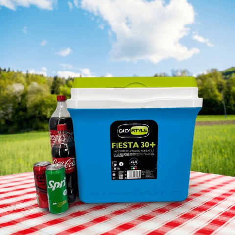 Lodówka turystyczna 29,5L KAMAI FIESTA na wkłady mrożące, błękitna z zieloną pokrywą i uchwytem Lodówka turystyczna 29,5L KAMAI FIESTA na wkłady mrożące, błękitna z zieloną pokrywą i uchwytem